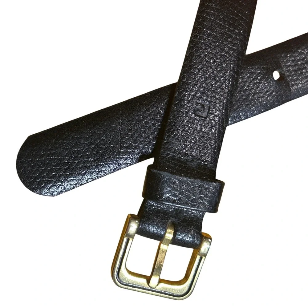VTG Pierre Cardin Kids Black Leather Gold Buckle Aniline‎ Belt Size S 23